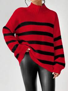 SHEIN LUNE Casual Colorblock Striped Stand Collar Sweater, Autumn/Winter Fall Cloth For Women - Red - View 7