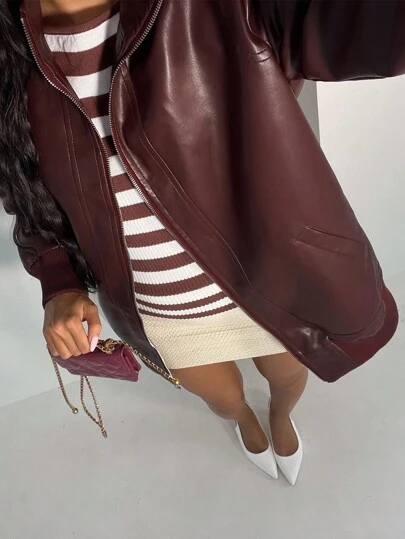 Glamine 女式覆盆子红领衬里口袋 PU 皮革罗纹拼接夹克，女式休闲百搭夹克，女式红色夹克外套