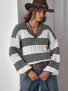 LanaWest Women's Twist Cable Pattern Striped V-Neck Drop Shoulder Long Sleeve Casual Pullover Sweater Fall Winter Cloth For Women - Dark Grey - View 4
