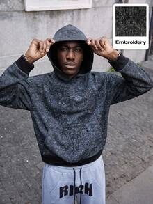 Manfinity EMRG 年轻男士哥特式连帽衫，宽松套头连帽运动衫，复古水洗面料，做旧效果，全身哥特式艺术刺绣设计，适合独特、艺术、街头风格，节日礼物男士刺绣连帽衫刺绣连帽衫男士连帽衫男士休闲连帽衫黑色连帽衫 - 黑色 - 查看 1