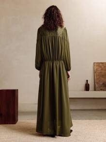 Revavyn 女式提花拼接长款宽松休闲连衣裙 - 軍綠色 - 查看 3