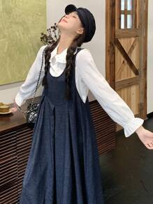 DAZY Women's Round Neck Pleated Korean Style Mid-Length Denim Dress - Blue - View 5