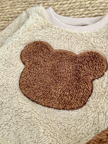 SHEIN LMoss Kids LMoss 女婴两件套针织蓬松圆领休闲卫衣和打底裤套装，泰迪熊造型，保暖舒适，摩卡色，冬季毛绒两件套，秋冬季节宝宝冬装，棕色套装，长袖上衣，舒适秋冬款式