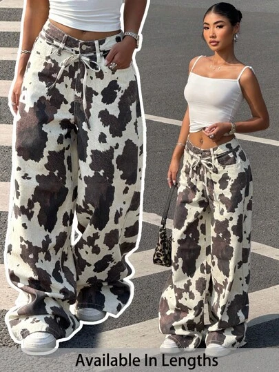 SHEIN PETITE CURVE Plus Size Women Summer Fall Autumn Back To School Homecoming Halloween Christmas Y2k Cute Streetwear Goth Grunge Techno Birthday Night Out Going Out Club Airport Cow Print Pocket Animal Print Wide Leg Casual Jeans Cow Print Pants Cow Pants Printed Wide Leg Pants Wide Leg Pants