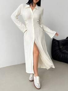 Modelyn Vestido de manga larga con cordón de unicolor para mujer - Albaricoque - Ver 7
