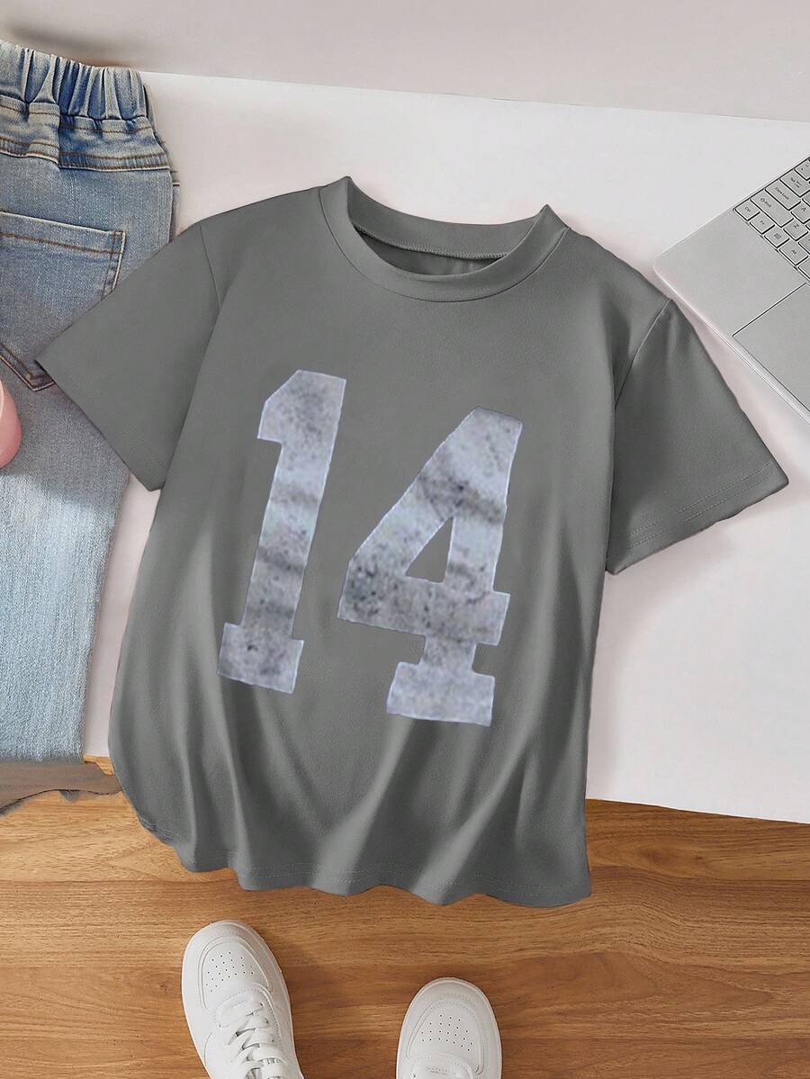 SHEIN Tween Girls Number Print Round Neck Short Sleeve Casual T-Shirt - Grey - View 1