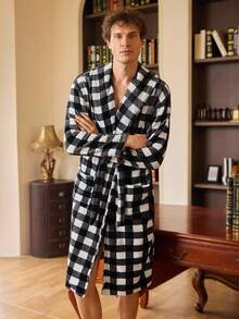 Bata de hombre con cuello de chal, cinturón y bolsillos, estampado de guinga, bata de hombre a cuadros de otoño/invierno, bata de hombre a cuadros búfalo