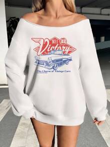 SHEIN EZwear Große Größen Lässiger Retro-Auto-Buchstaben-Muster Off-Shoulder, locker sitzender Langarm-Sweatshirt für Damen, geeignet für Herbst/Winter