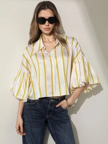 Aveloria Modichic Áo sơ mi tay ngắn in họa tiết sọc cài nút phía trước thời trang thường ngày - Nhiều màu - Xem 5