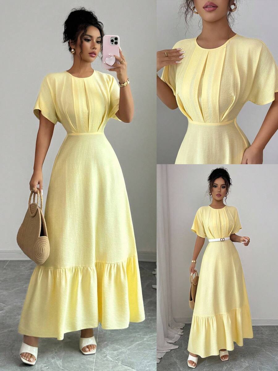 Elenzga 全新时尚女式圆领短袖褶皱设计后腰抽绳荷叶边下摆休闲日常百搭优雅女士连衣裙