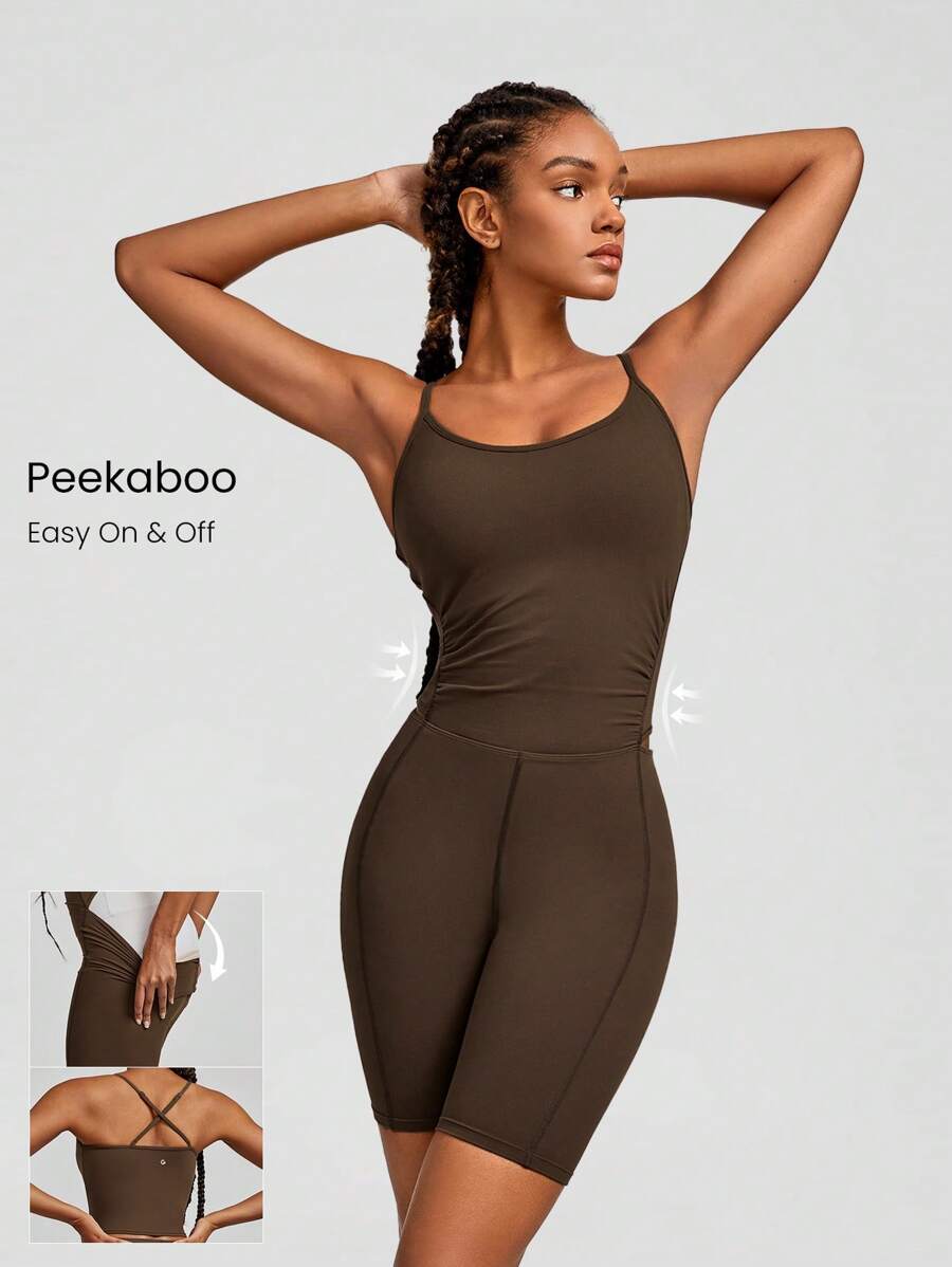 GLOWMODE 6" FeatherFit™ Peekaboo Pleated Adjustable Romper Bodysuit With Built-In Underwear Light Support Low Impact Yoga Studio Summer - Cinnamoninspiration - View 1