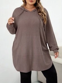 SHEIN CURVE+ Plus Size Solid Color Hooded Drawstring Asymmetrical Hem Sweatshirt Winter Fall Autumn/Autumn /Winter - Dusty Pink - View 5
