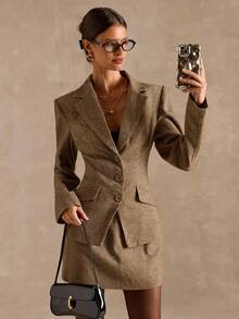 SHEIN BAE 女士时尚商务套装 - 西装外套和裙子两件套、别致女士套装、西装、剪裁、女士量身定制的衬里西装外套、秋冬优雅女士套装 - 咖啡棕 - 查看 4
