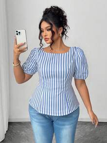 Elenzga Camisa casual ajustada a rayas para mujer de talla grande con diseño único de lazo en la espalda - Multicolor - Ver 3