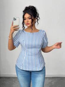 Elenzga Camisa casual ajustada a rayas para mujer de talla grande con diseño único de lazo en la espalda - Multicolor - Ver 4