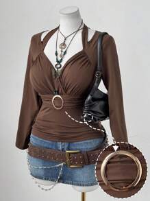 Sunspun Áo thun nữ cổ vuông, nhún bèo, tay dài, ôm sát, khoét kim loại, màu nâu thanh lịch, cổ điển, thường ngày - màu nâu - Xem 1