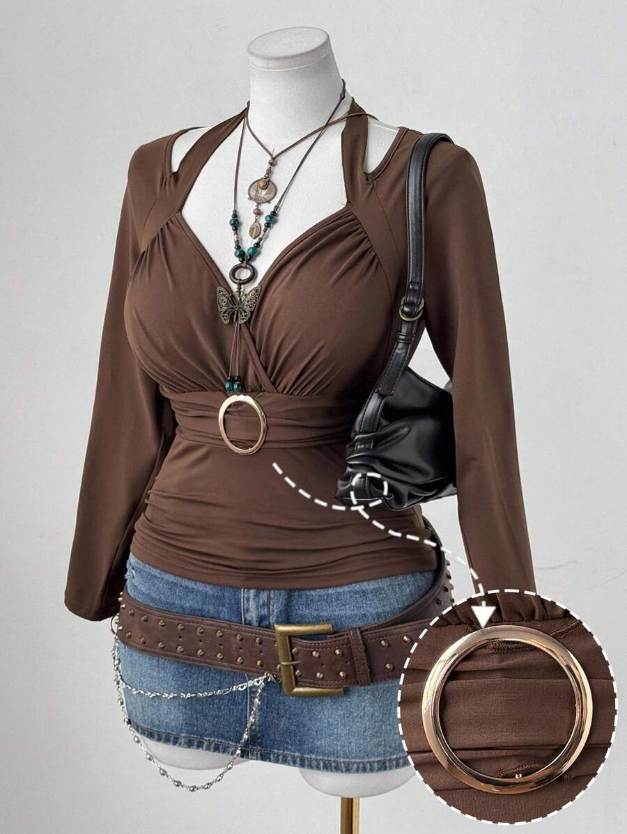 Sunspun Áo thun nữ cổ vuông, nhún bèo, tay dài, ôm sát, khoét kim loại, màu nâu thanh lịch, cổ điển, thường ngày - màu nâu - Xem 1