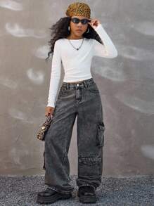 Coolane Tween Girls Winter/Fall Streetwear Basic Stretchy Comfortable Solid Ruched Side Crop Tee,Christmas .New Year,Party ,Chic,Warm - White - View 3