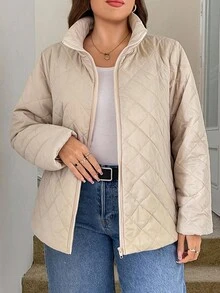 SHEIN LUNE 大码女式纯色长袖拉链休闲冬季外套，飞行夹克，长袖保暖升级外套女士冬装女士冬装万圣节服装，万圣节外套工作服女士通勤简约办公室老款外套，适合日常穿着，通勤，极简主义，优雅时尚的通勤，休闲休闲风格，纯色，女士秋季服装秋季 - 杏色 - 查看 8