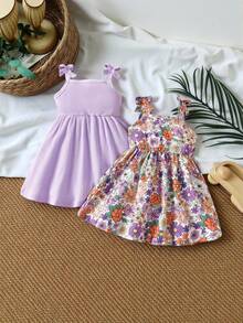 SHEIN Vintaside Kids 2 Packs Baby Girl Casual All-Match Versatile Cute Fun Floral Pattern Print Cami Dress Spring And Summer Suitable For Valentine's Day - Multicolor - View 3