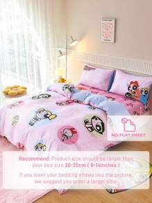 THE POWERPUFF GIRLS X SHEIN 3 件套卡通花朵、泡泡、毛茛图案羽绒被套套装，1 件羽绒被套和 2 件枕套，不含枕芯，可爱布艺床上用品，适用于卧室 - 彩色 - 查看 7