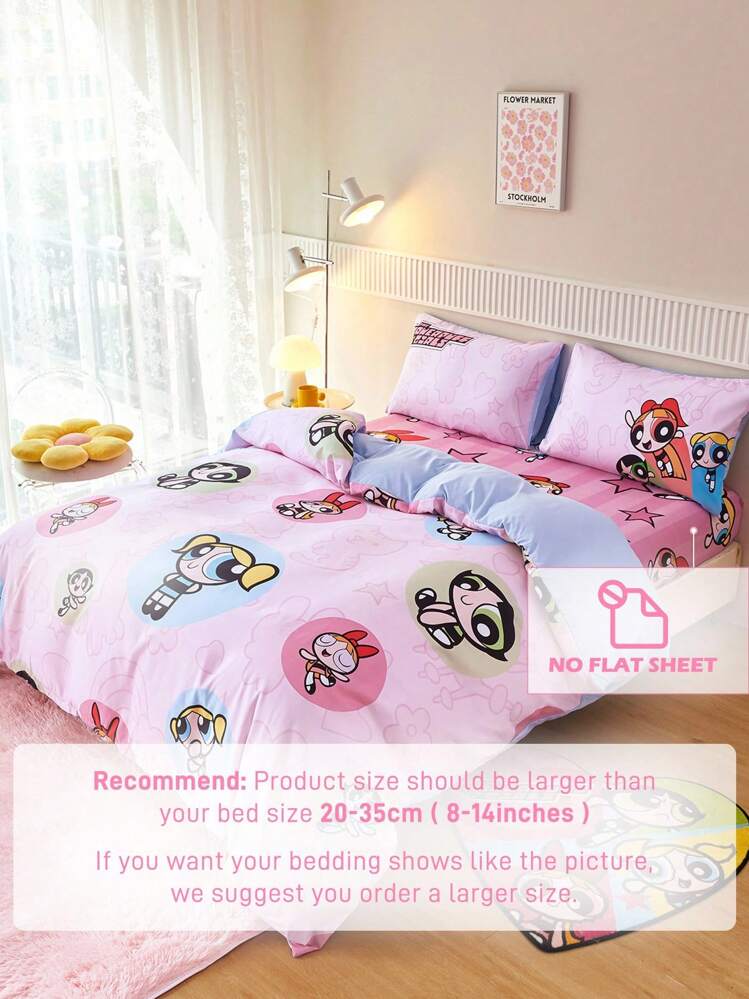 パワーパフガールズ シーツ クイーンフラットシーツ&ピローケース1枚 THE POWERPUFF GIRLS X SHEIN 3点セット カートゥーン ブロッサム