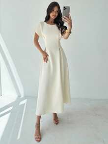 Firerie 夏季女装新款简约优雅通勤度假复古毕业日常百搭杏黄竹纹面料圆领短袖收腰褶皱X型修身连衣裙 - 淡黃色 - 查看 5