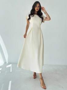 Firerie 夏季女装新款简约优雅通勤度假复古毕业日常百搭杏黄竹纹面料圆领短袖收腰褶皱X型修身连衣裙 - 淡黃色 - 查看 4