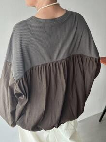 FRIFUL 女士圆领罗纹布拼布灯笼袖宽松撞色T恤，秋季超大袖上衣宽松上衣灰色衬衫泡泡袖上衣长袖上衣 - 灰色 - 查看 1