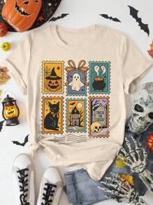 EMERY ROSE Cute Halloween Ghost Pumpkin Cat, Autumn Horror Women's T-Shirt