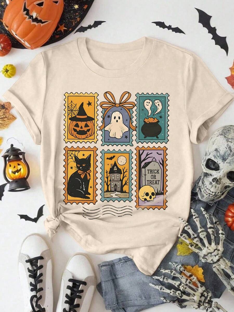 EMERY ROSE Cute Halloween Ghost Pumpkin Cat, Autumn Horror Women's T-Shirt