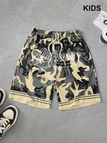 PAVTROS Tween Boy Camo & Letter Graphic Striped Trim Drawstring Waist Shorts
