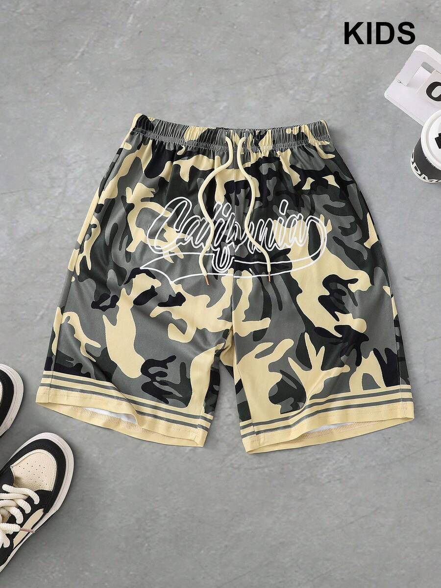 PAVTROS Tween Boy Camo & Letter Graphic Striped Trim Drawstring Waist Shorts