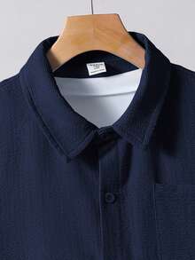 SHEIN 2 件青少年男童休闲舒适纹理针织短袖衬衫和短裤套装，春季服装 - 藏蓝色 - 查看 3