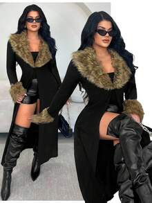 SHEIN SXY 女士休闲仿皮草拼布长袖外套，秋冬时尚，长款黑色开衫，女士教师装，秋季，冬季，女士秋季装，女士外出上衣，商务休闲女装，女士办公室装，女士机场装，商务休闲装 - 黑色 - 查看 5