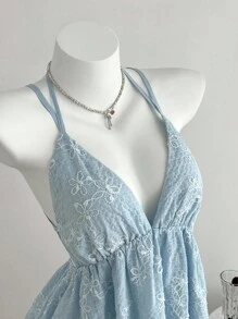 Elamini Đầm nữ màu xanh dương họa tiết hoa, cổ chữ V sâu, dây mảnh, hở lưng, xếp nếp, gợi cảm và quyến rũ cho kỳ nghỉ hè ở bãi biển. - Hồng - Xem 4