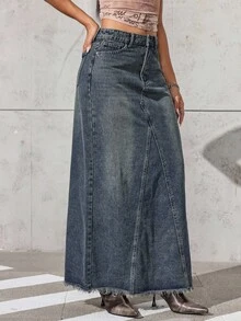 Jeanoix Women's Pocketed Frayed Hem Straight Loose Casual Long Denim Skirt - Blue - View 4