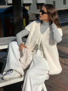 DAZY 女式毛茸茸系带无袖宽松蓬松夹克秋冬仿皮草大衣 - 米色 - 查看 2