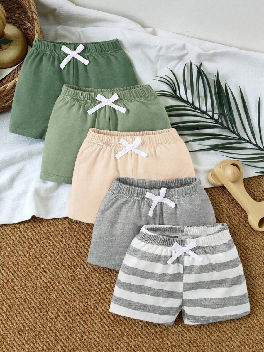 SHEIN Vintaside Kids 5入組嬰兒男孩基本款純色條紋短褲 - 彩色 - 查看 1