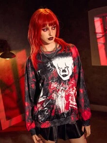 IT x SHEIN 恐怖电影图案圆领长袖套头衫 - 彩色 - 查看 5