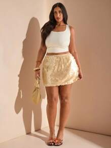 SHEIN BAE Váy mini sequin trơn màu cỡ lớn cho nữ dự tiệc, mùa xuân/hè - Màu be - Xem 6