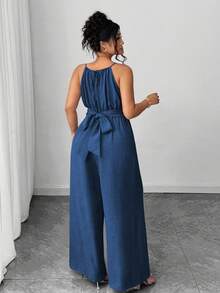 Elenzga 大码女式休闲卡其色褶皱面料细肩带串珠腰纽扣和领结设计连体裤，适合春夏季、返校、毕业典礼、情人节、音乐节、母亲节、万圣节、感恩节、复活节、国庆节、舞会、约会派对、婚礼、户外旅行 - 寶藍色 - 查看 2