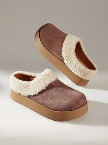 女士休闲保暖圆头拖鞋，棕色厚底平底鞋 - 棕色 - 查看 6