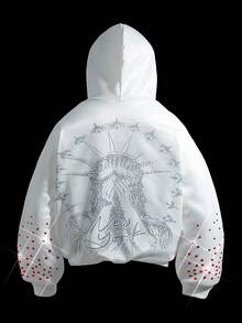 Manfinity EMRG 男士街头风INS风自由女神像“FREE”红色水钻装饰休闲保暖连帽衫，男友/老公礼物，周年纪念礼物，白色拉链连帽衫，红色水钻设计，水钻连帽衫，秋冬款 - 白色 - 查看 2