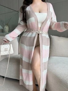 Flirla Plus Size Color Block Striped Mid-Length Cardigan, New Autumn/Winter Design Fall - Pink - View 2