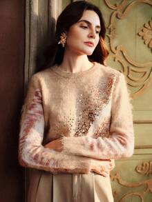 Anewsta Damski sweter w paski z okrągłym dekoltem i długim rękawem, cekinami - Wielokolorowe - Zobacz 6