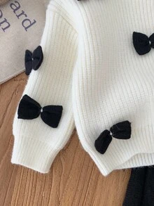 SHEIN LMoss Kids Babygirl Cute Bow Decor Long Sleeve Sweater & Elastic Waist Skirt 2-Piece Set, Versatile For Autumn/Winter Fall