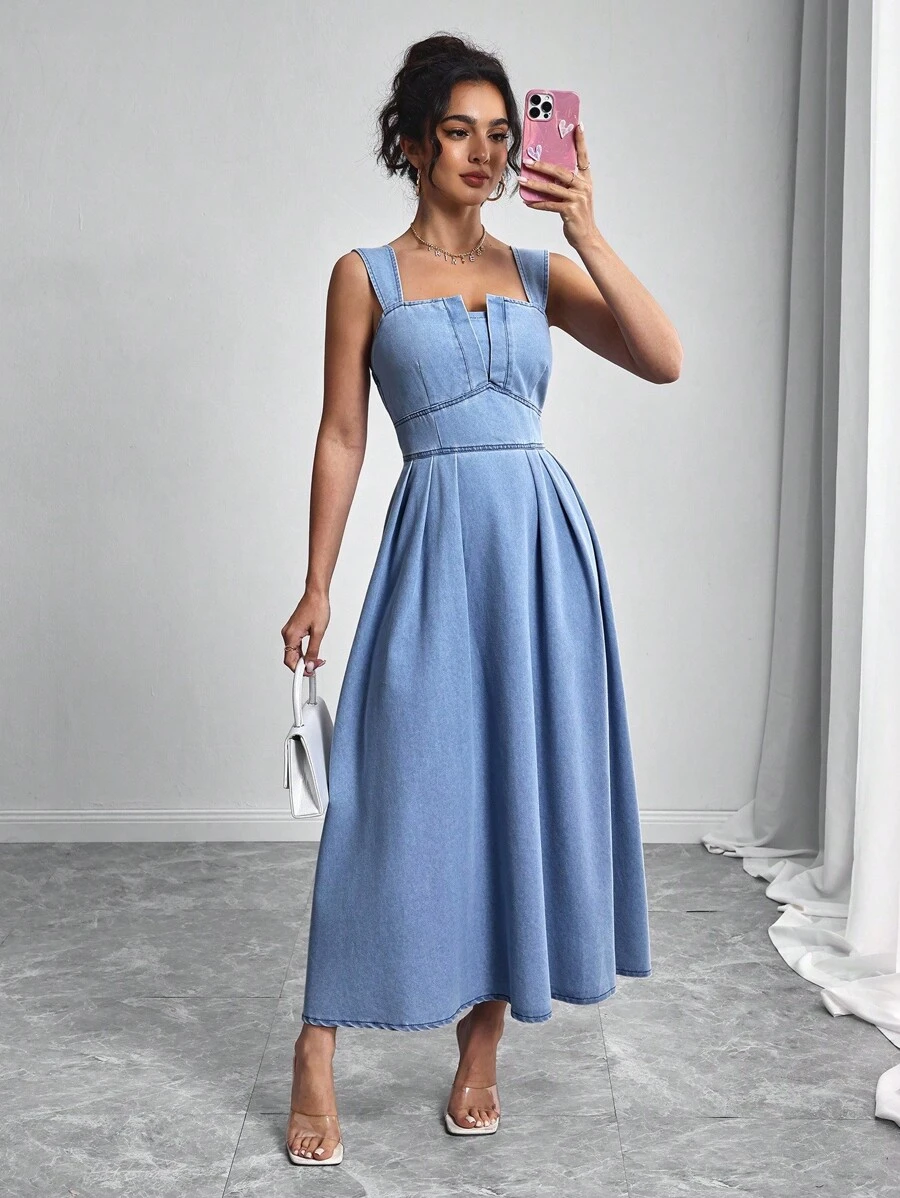 Elenzga 女式夏季时尚休闲通勤方领收腰喇叭下摆牛仔连衣裙 - 藍色 - 查看 1