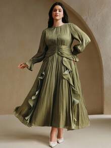 Anewsta 大码女式长裙，深绿色亮面面料，褶皱腰身，双层荷叶边下摆，泡泡袖长裙，优雅百搭的礼服 - 橄欖綠 - 查看 2