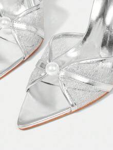 CUCCOO HITCHD Silver Metal PU Mesh Splice Faux Pearl Decor Strap Pointed Toe Elegant High Heel Party Sandals Elegant Shoes Wedding Shoes - Silver - View 11